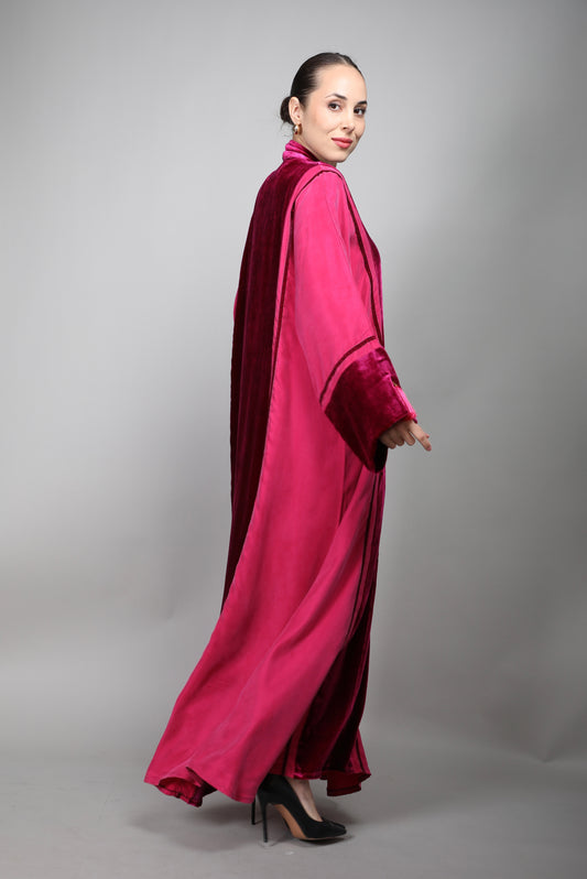 Deep Rose Washed Silk & Velvet Abaya عباية وردي غامق من الحرير المغسول والمخمل المغسول