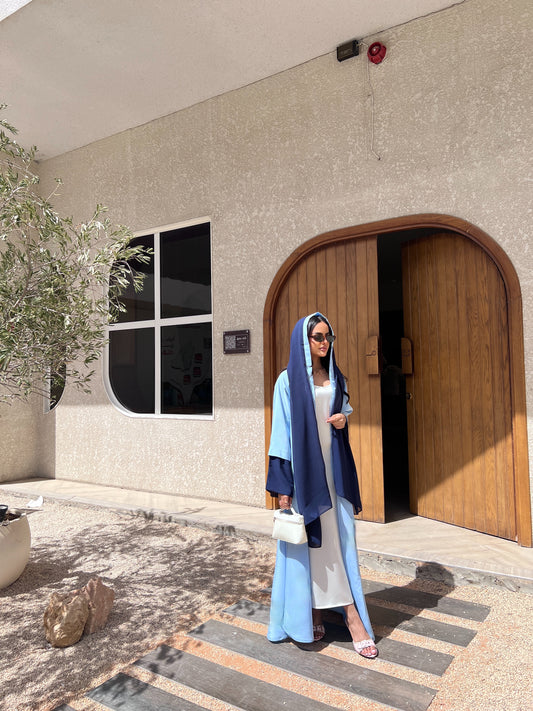 Blue Abaya with Navy Chiffon Scarf عباية بلونين أزرق فاتح بتفاصيل كحلي