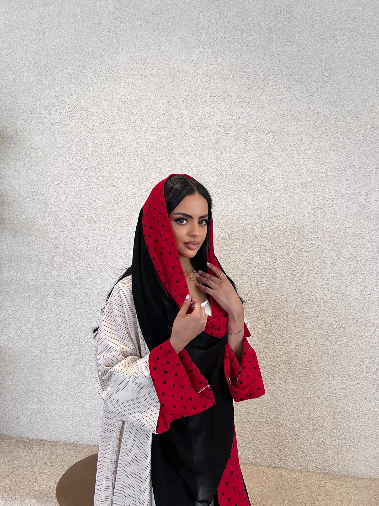 Lady Bug Abaya Polka Dot Abaya with Red Accent عباية ليدي بق بولكا دوت بتفاصيل أحمر