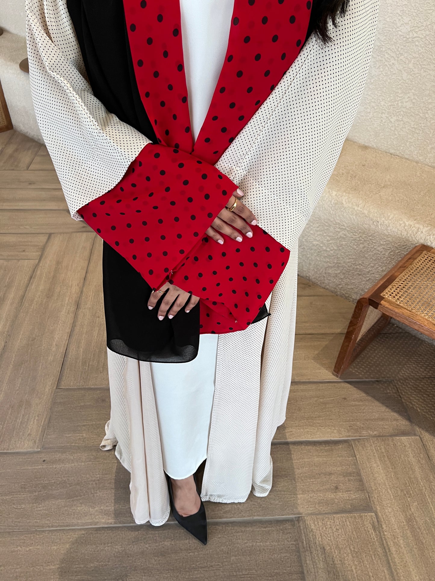 Lady Bug Abaya Polka Dot Abaya with Red Accent عباية ليدي بق بولكا دوت بتفاصيل أحمر