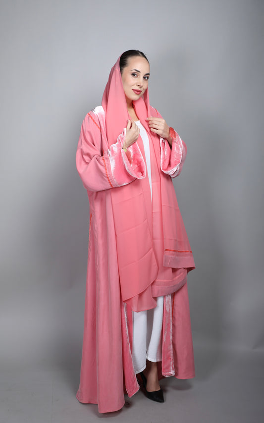 Peachy Washed Silk & Washed Velvet Abaya عباية خوخي (Peachy) من الحرير المغسول والمخمل المغسول