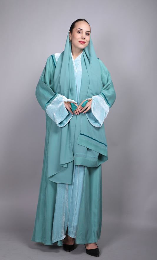 Mint Green Washed Silk & Velvet Abaya عباية أخضر نعناعي من الحرير المغسول والمخمل المغسول