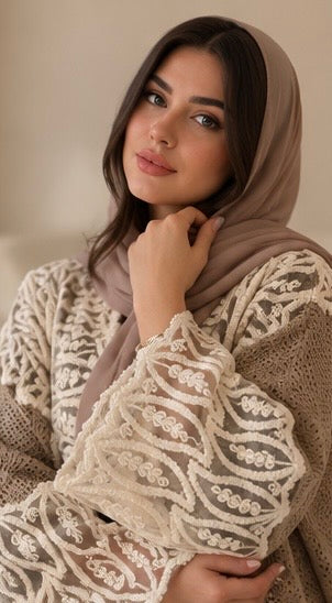 October | Ivory Lace Abaya  أكتوبر | عباية الدانتيل السكري
