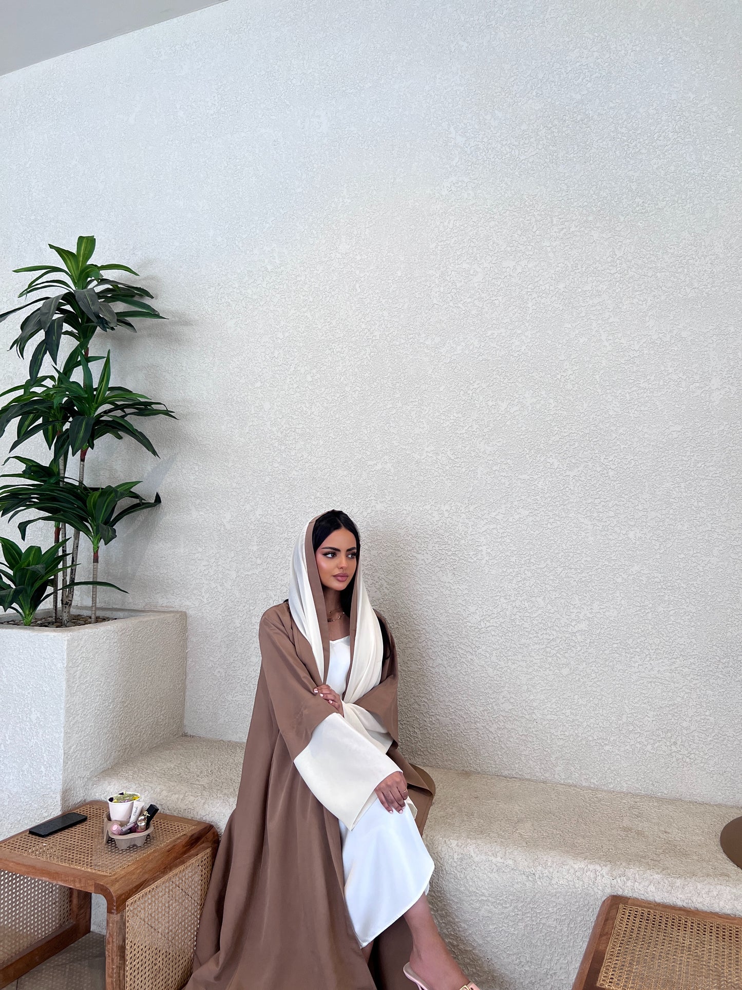  Earthy Brown Abaya with Ivory Accents عباية بني ترابي بلمسات سكري