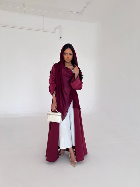 Flared Burgundy Washed Silk Abaya with Lace Trim عباية سادة نص كلوش من الحرير المغسول باللون العنابي مع حواف دانتيل