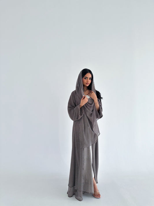 White And Brown Polka Dot Pattern Abaya عباية بولكا دوت  شيفون بيني منقطة يالابيض