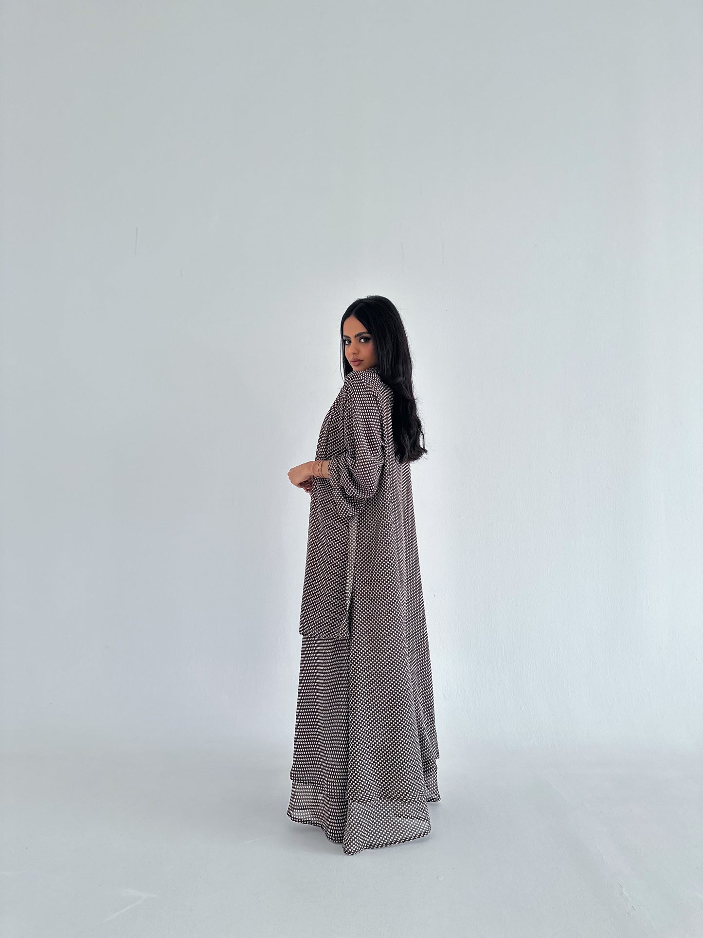 White And Brown Polka Dot Pattern Abaya عباية بولكا دوت  شيفون بيني منقطة يالابيض