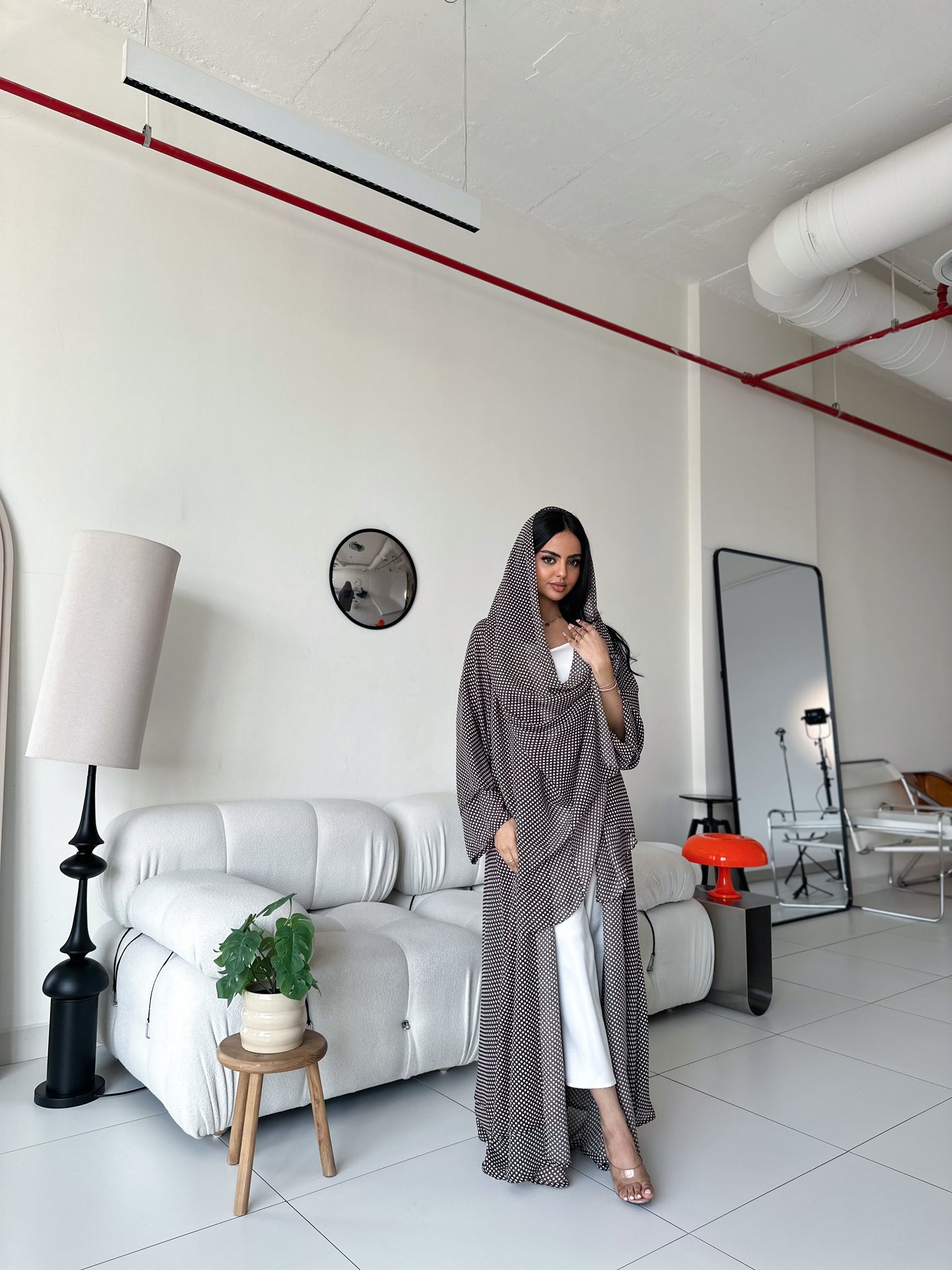 White And Brown Polka Dot Pattern Abaya عباية بولكا دوت  شيفون بيني منقطة يالابيض