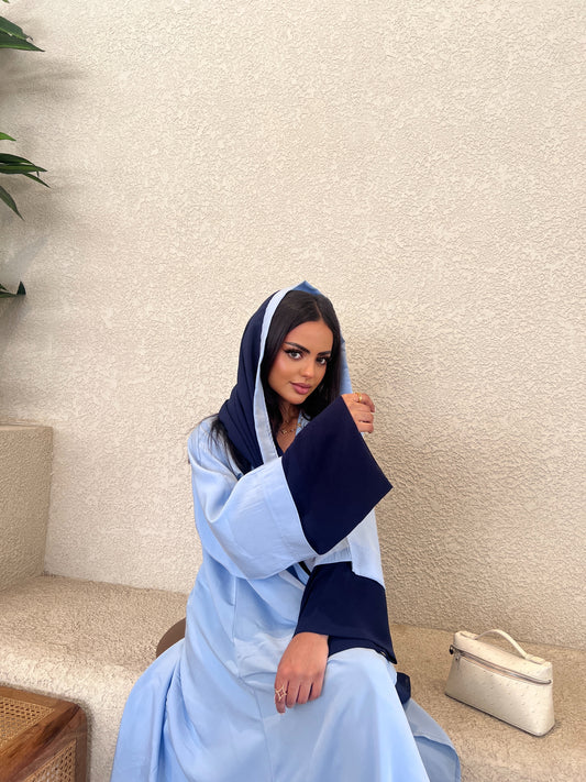 Blue Abaya with Navy Chiffon Scarf عباية بلونين أزرق فاتح بتفاصيل كحلي
