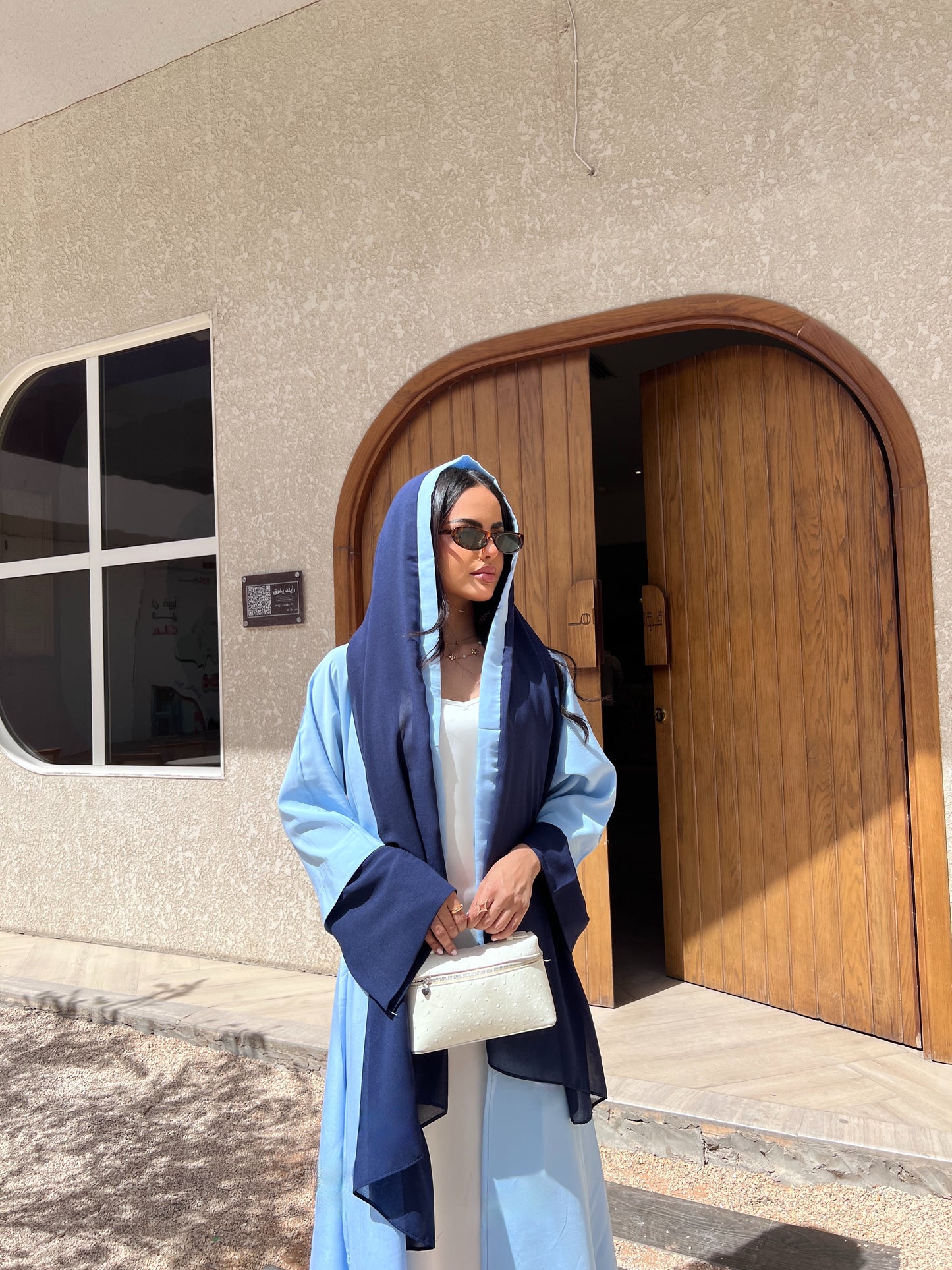 Blue Abaya with Navy Chiffon Scarf عباية بلونين أزرق فاتح بتفاصيل كحلي