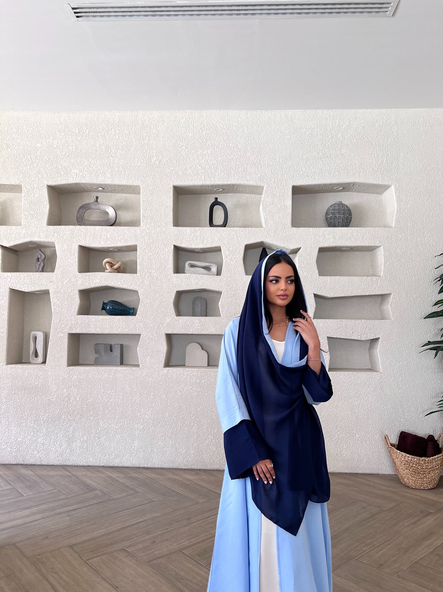 Blue Abaya with Navy Chiffon Scarf عباية بلونين أزرق فاتح بتفاصيل كحلي