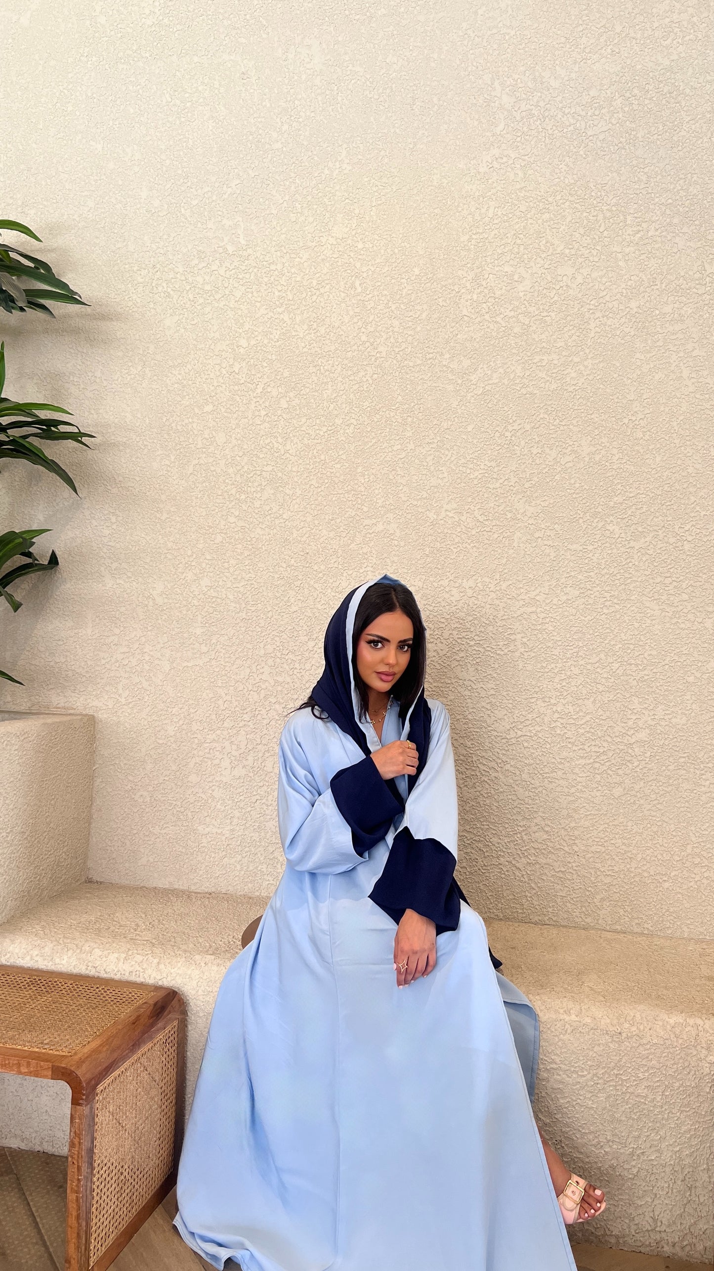 Blue Abaya with Navy Chiffon Scarf عباية بلونين أزرق فاتح بتفاصيل كحلي