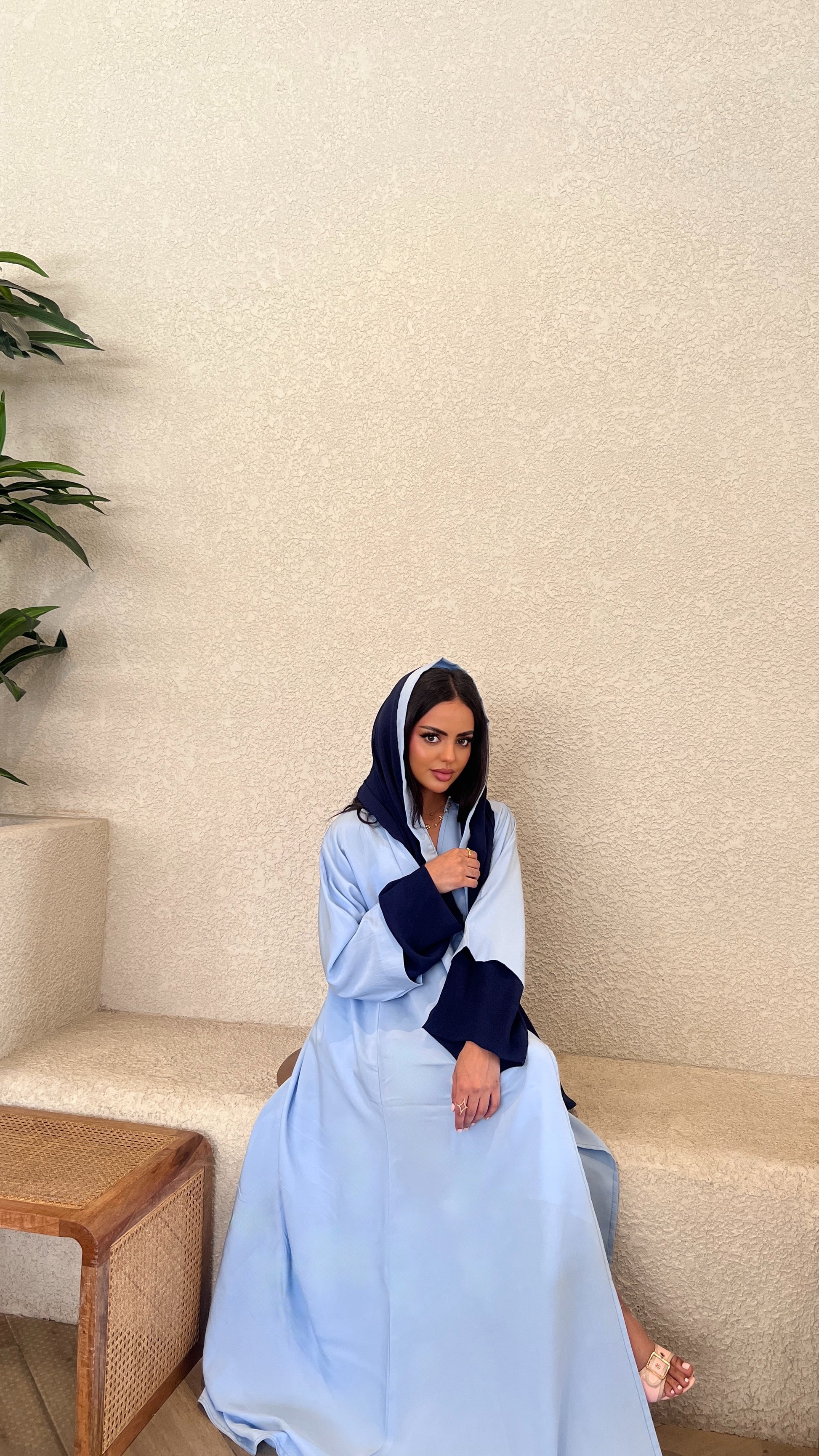 Blue Abaya with Navy Chiffon Scarf عباية بلونين أزرق فاتح بتفاصيل كحلي