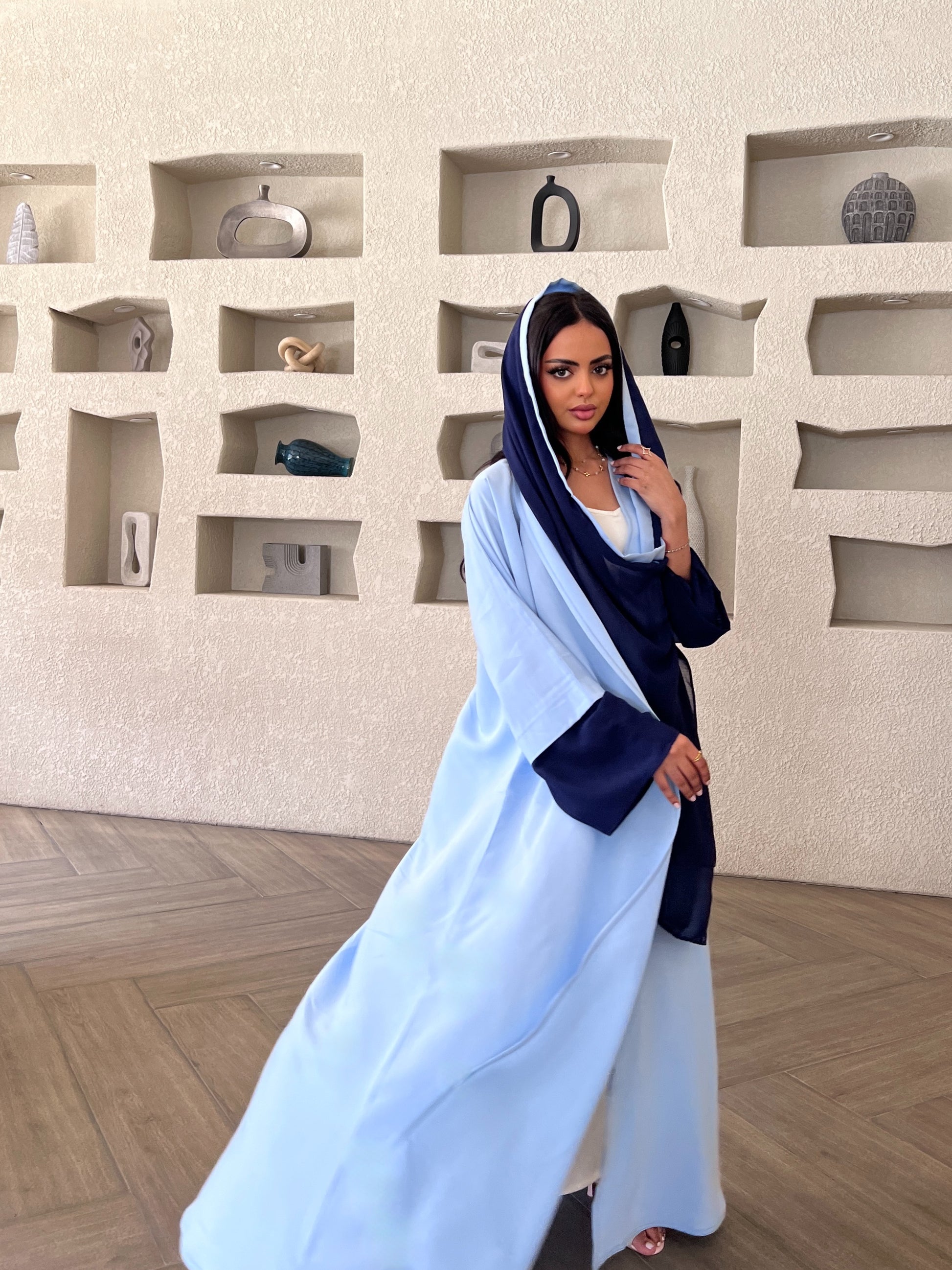 Blue Abaya with Navy Chiffon Scarf عباية بلونين أزرق فاتح بتفاصيل كحلي