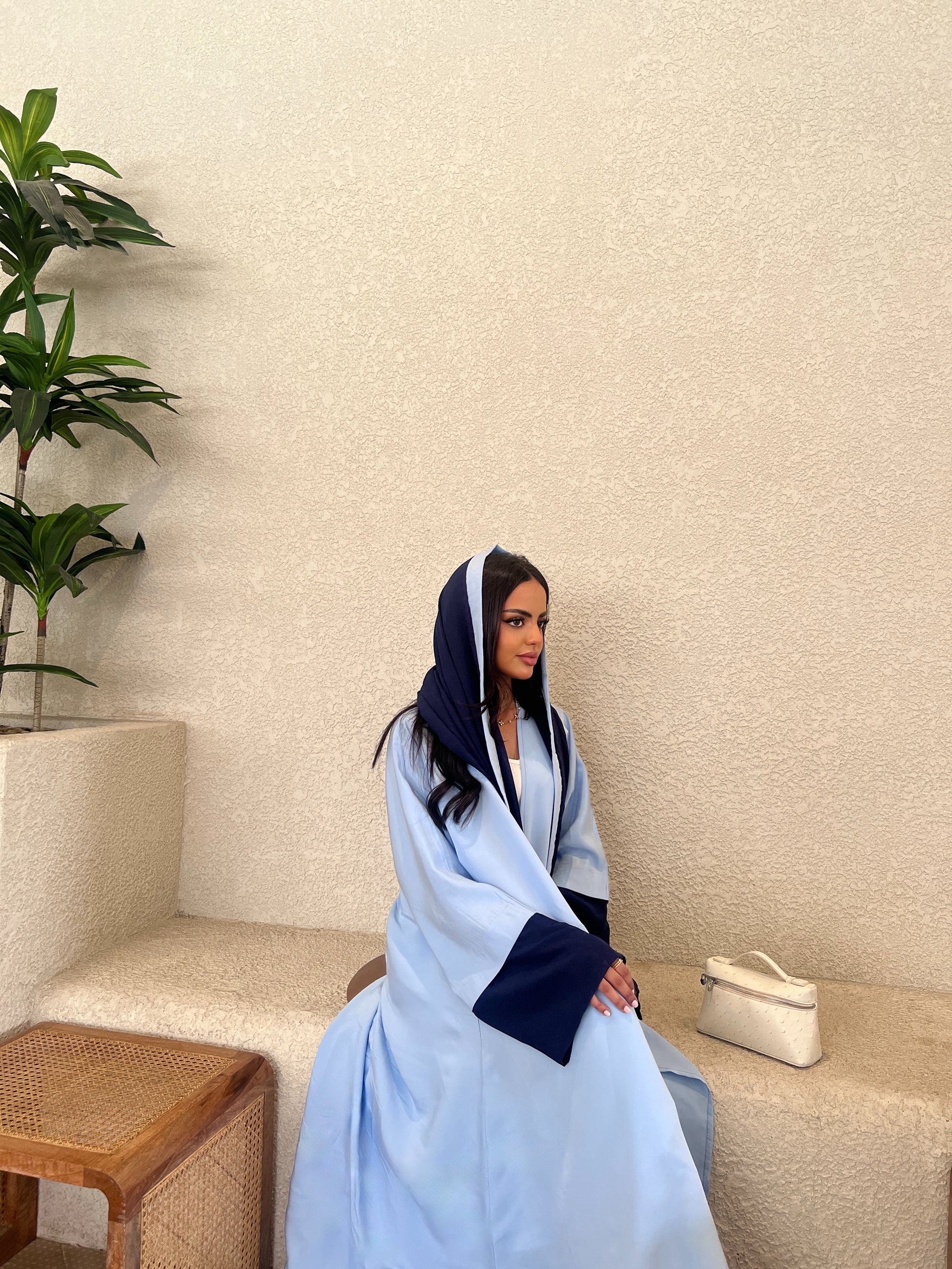 Blue Abaya with Navy Chiffon Scarf عباية بلونين أزرق فاتح بتفاصيل كحلي