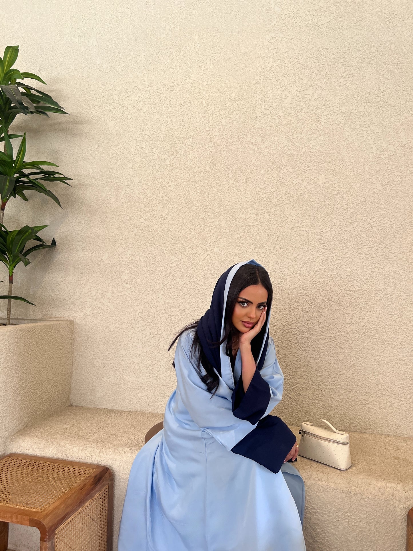 Blue Abaya with Navy Chiffon Scarf عباية بلونين أزرق فاتح بتفاصيل كحلي