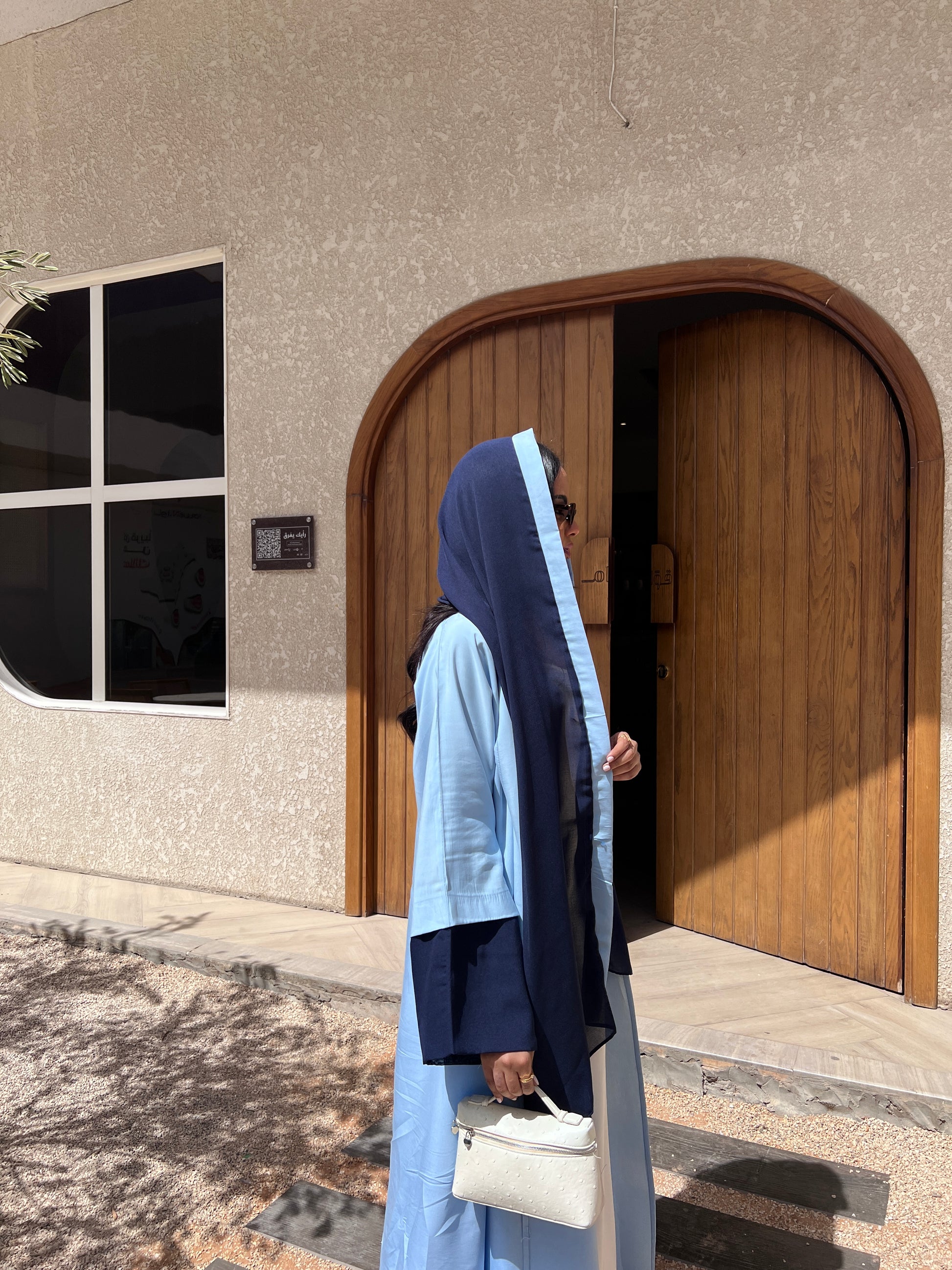 Blue Abaya with Navy Chiffon Scarf عباية بلونين أزرق فاتح بتفاصيل كحلي