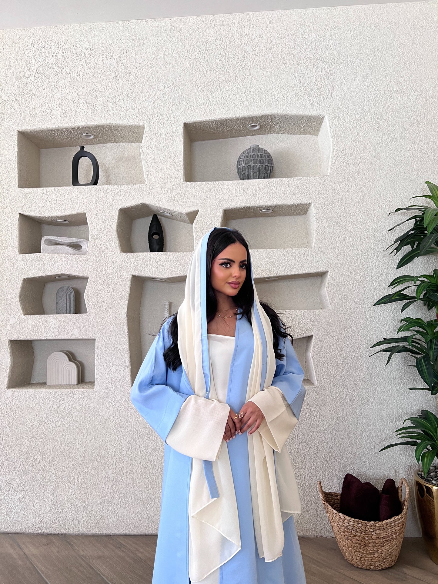 Sky Blue Abaya with Off-White Chiffon Sleeves & Scarf  عباية سماوي بأكمام وطرحة شيفون سكري