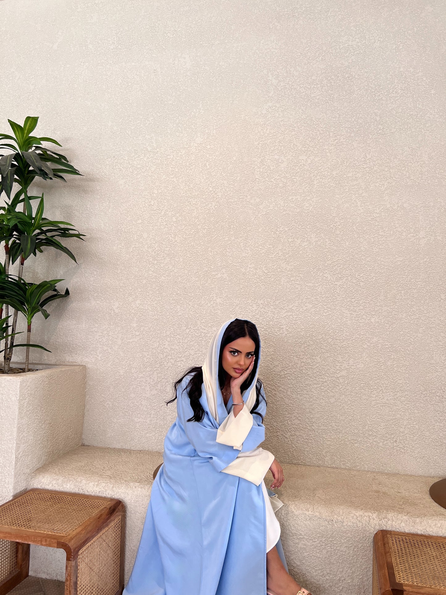 Sky Blue Abaya with Off-White Chiffon Sleeves & Scarf  عباية سماوي بأكمام وطرحة شيفون سكري