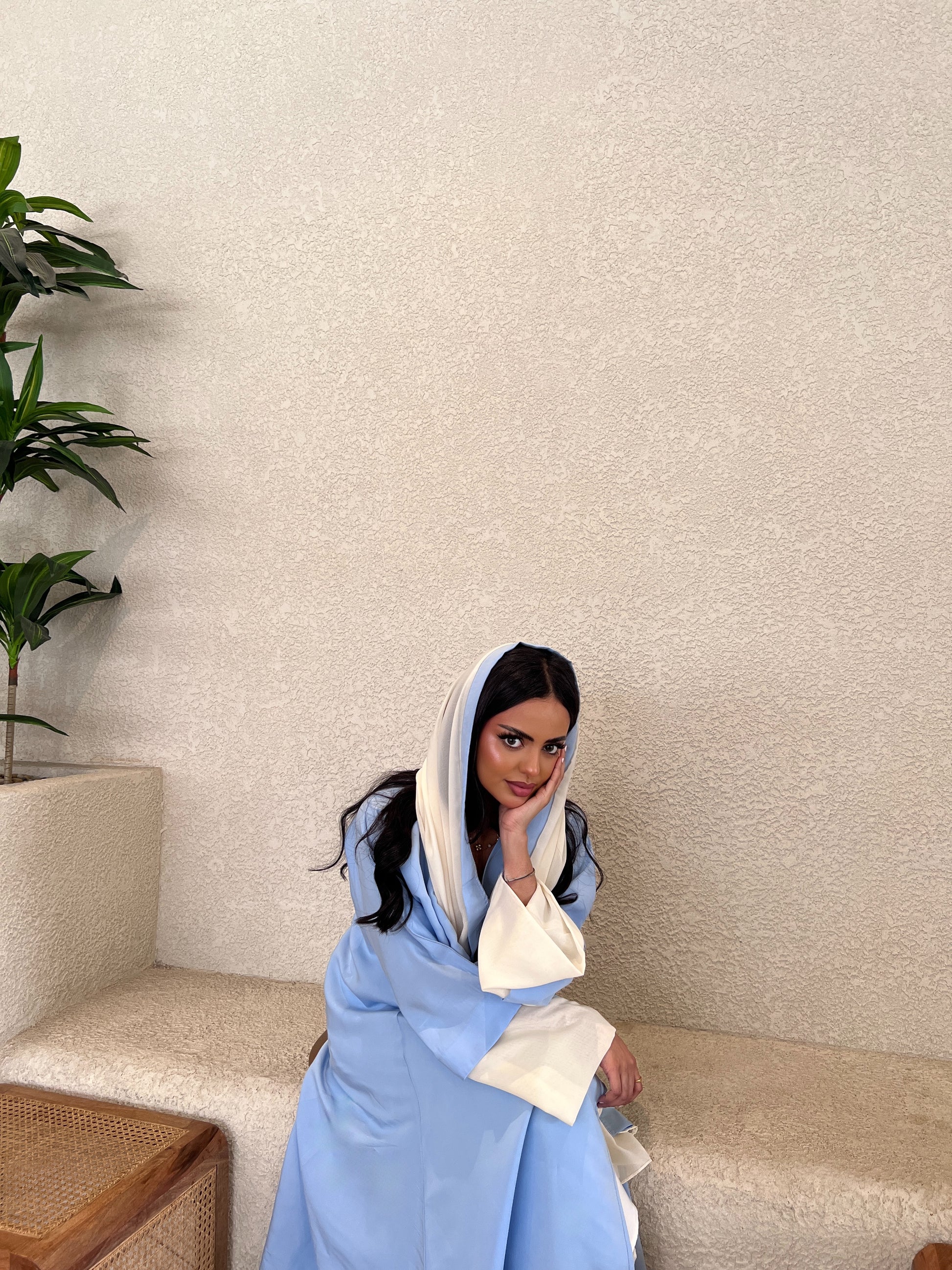 Sky Blue Abaya with Off-White Chiffon Sleeves & Scarf  عباية سماوي بأكمام وطرحة شيفون سكري