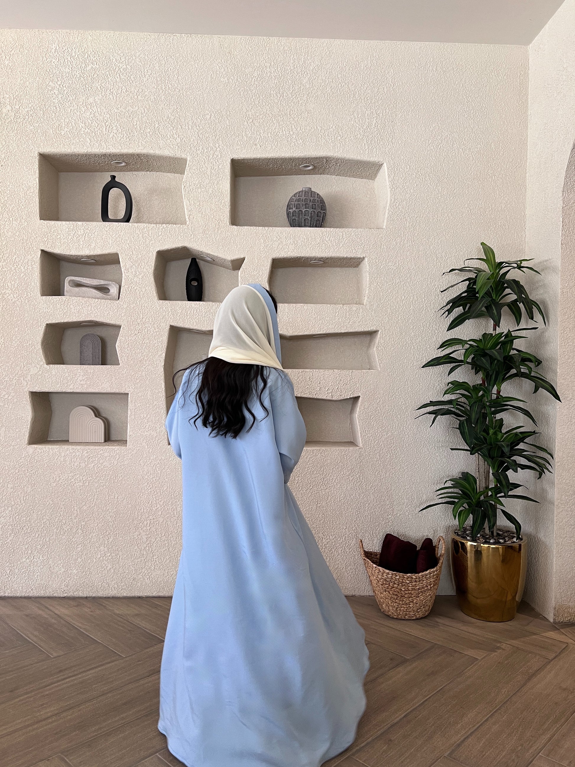 Sky Blue Abaya with Off-White Chiffon Sleeves & Scarf  عباية سماوي بأكمام وطرحة شيفون سكري