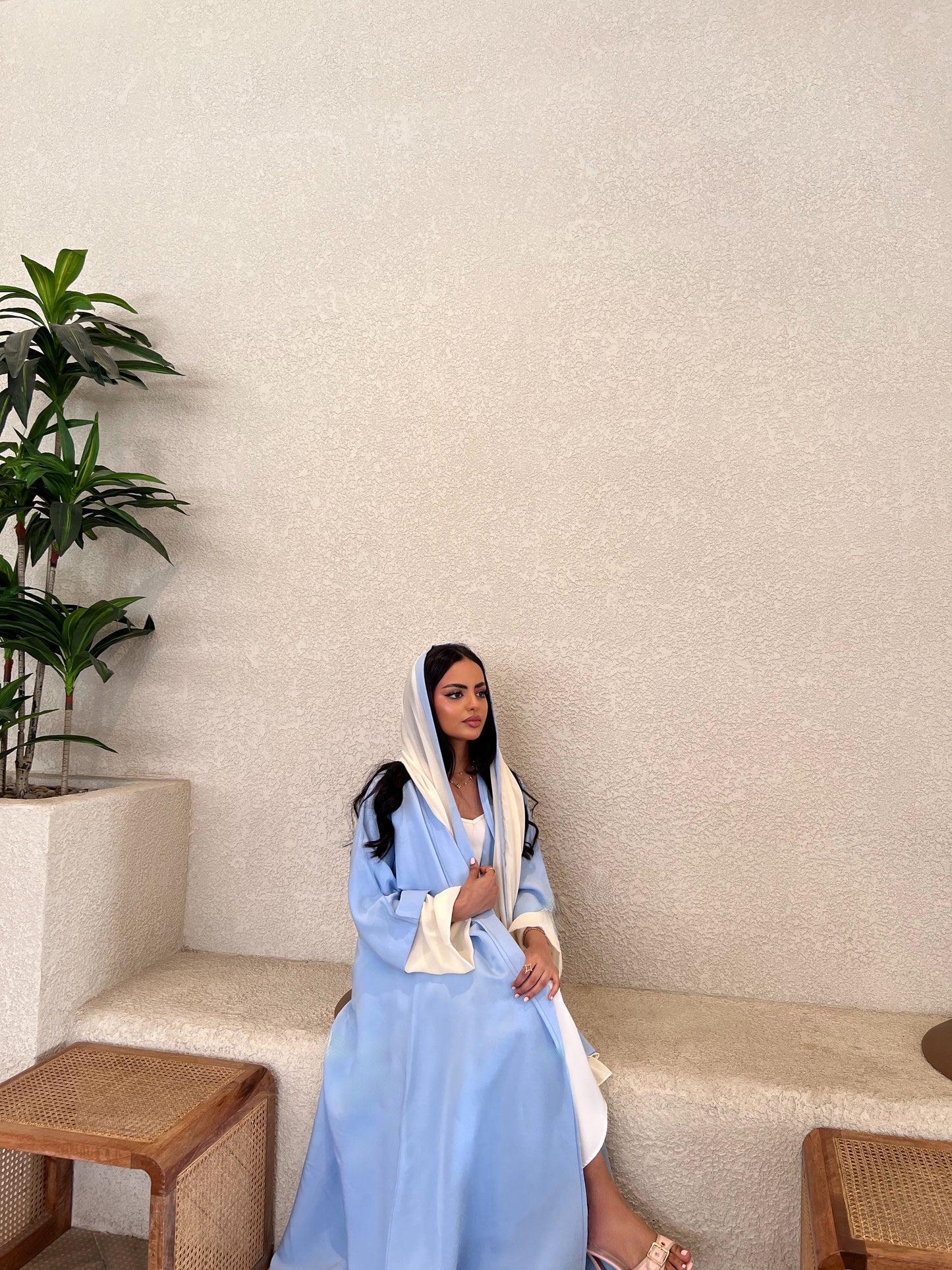 Sky Blue Abaya with Off-White Chiffon Sleeves & Scarf  عباية سماوي بأكمام وطرحة شيفون سكري
