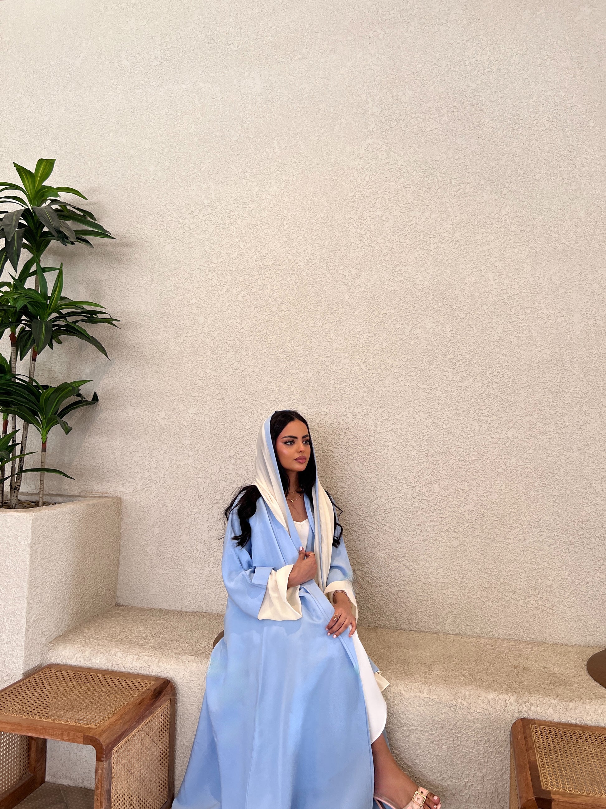Sky Blue Abaya with Off-White Chiffon Sleeves & Scarf  عباية سماوي بأكمام وطرحة شيفون سكري