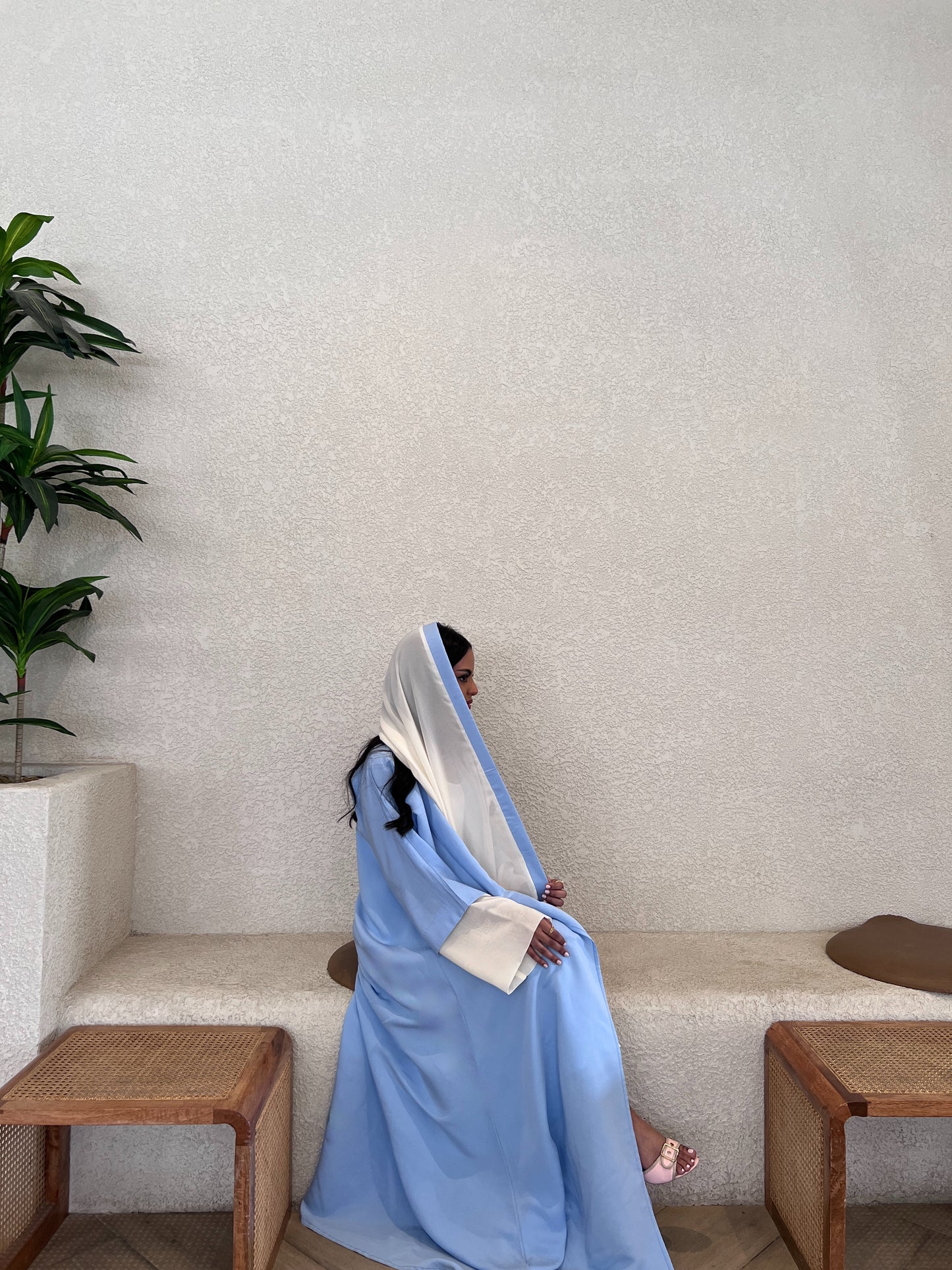 Sky Blue Abaya with Off-White Chiffon Sleeves & Scarf  عباية سماوي بأكمام وطرحة شيفون سكري