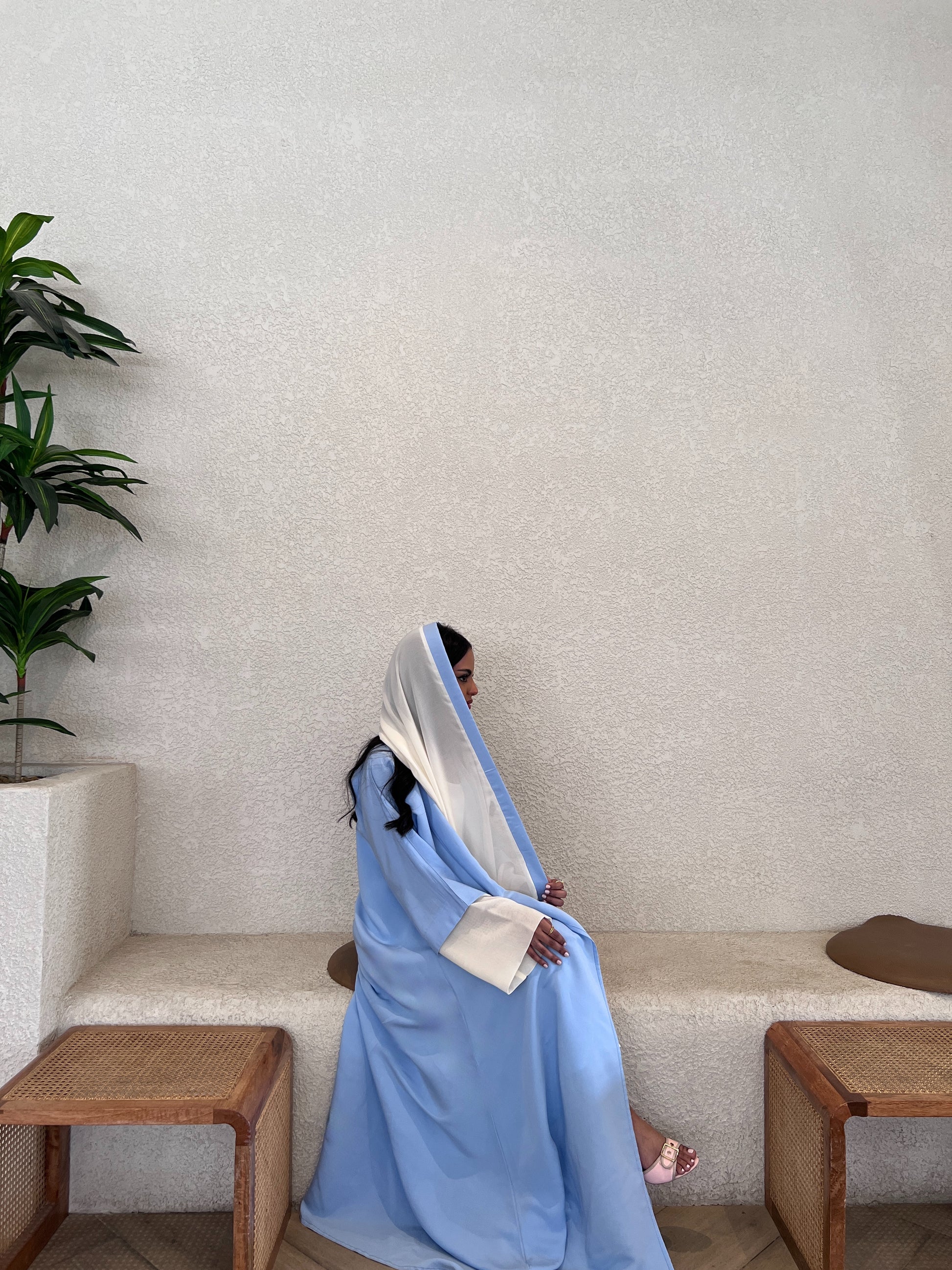 Sky Blue Abaya with Off-White Chiffon Sleeves & Scarf  عباية سماوي بأكمام وطرحة شيفون سكري