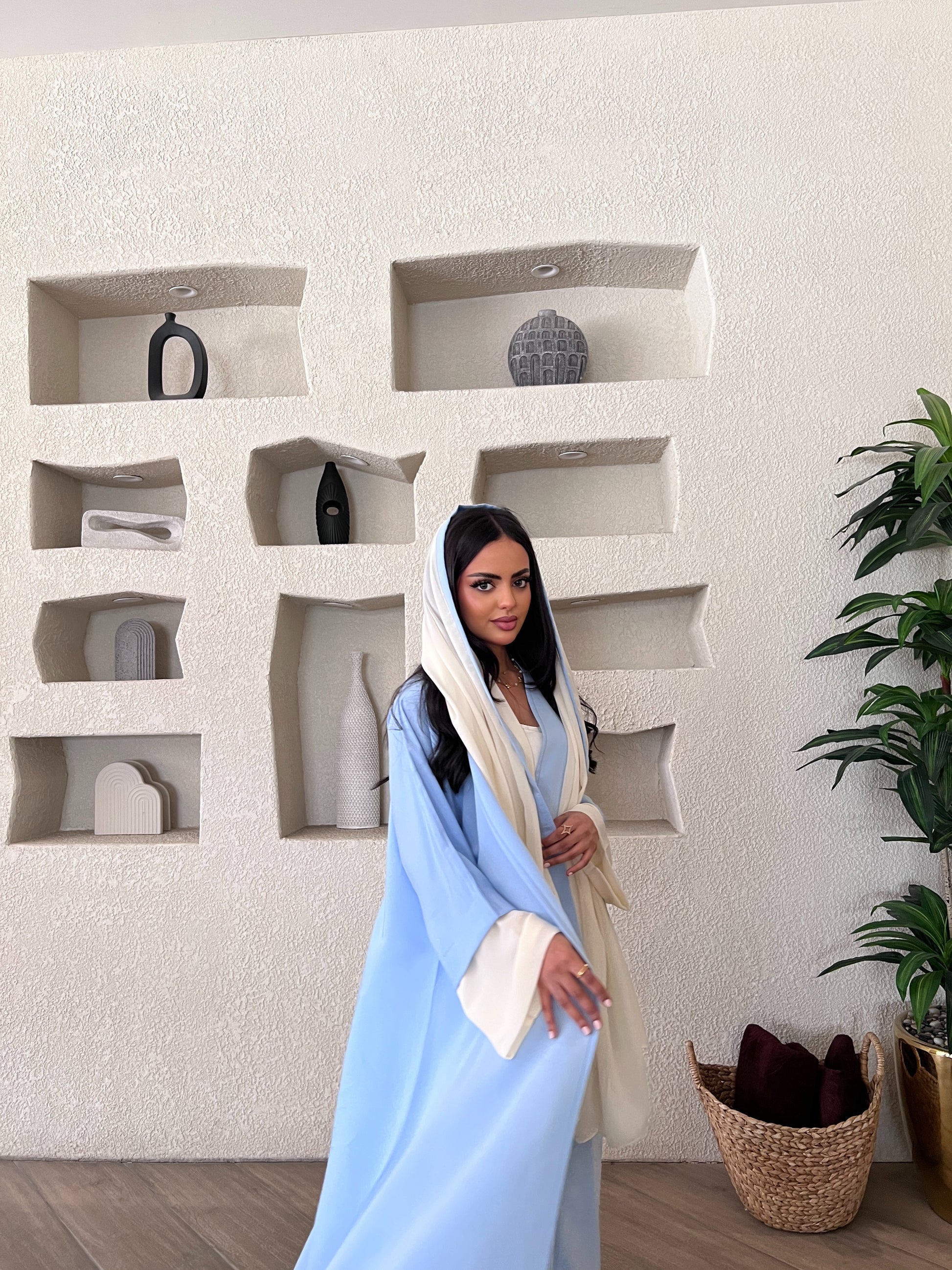 Sky Blue Abaya with Off-White Chiffon Sleeves & Scarf  عباية سماوي بأكمام وطرحة شيفون سكري